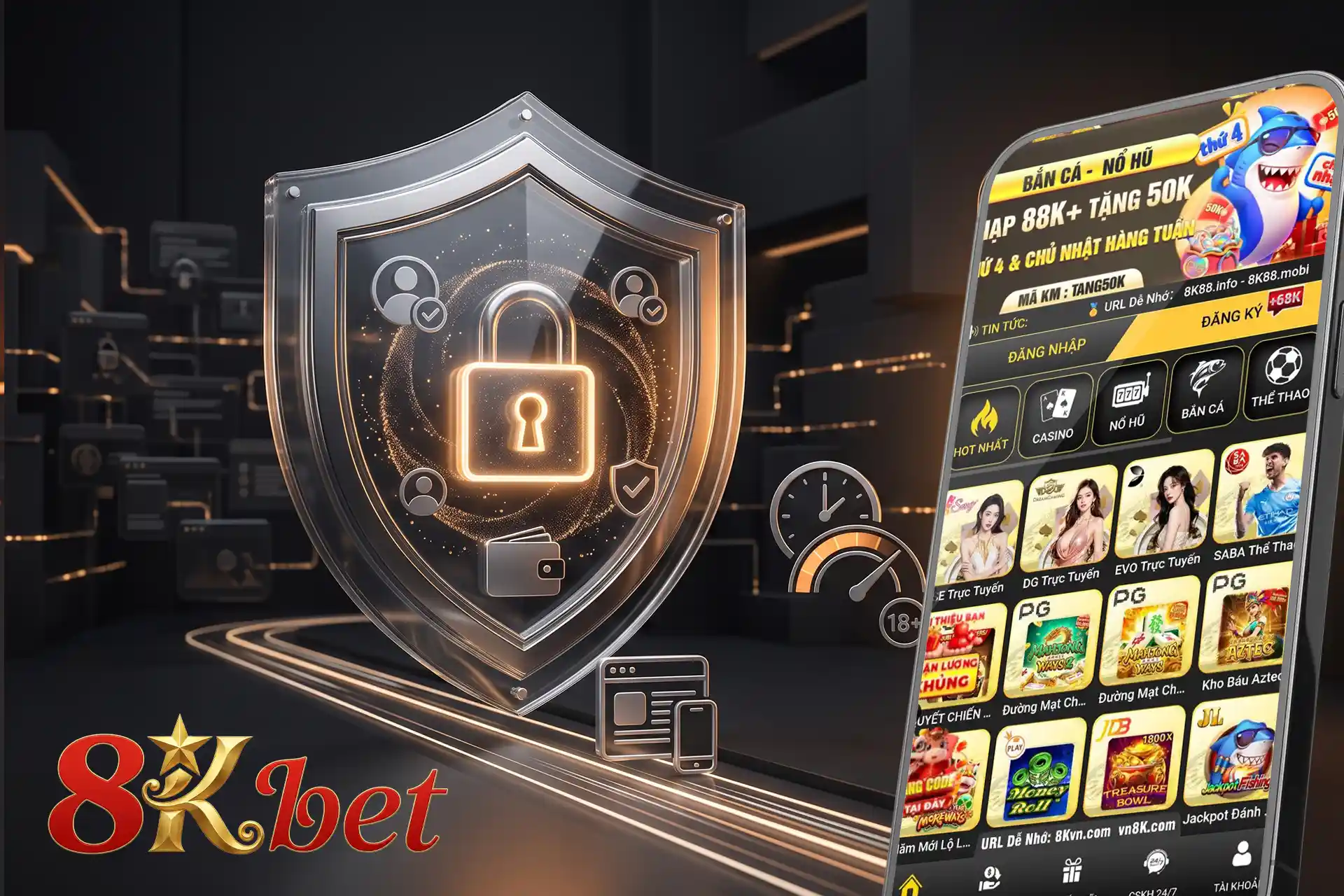 Hệ thống bảo mật thông tin và giao dịch an toàn tuyệt đối tại 8kbet với công nghệ mã hóa hiện đại và biểu tượng lá chắn bảo vệ
